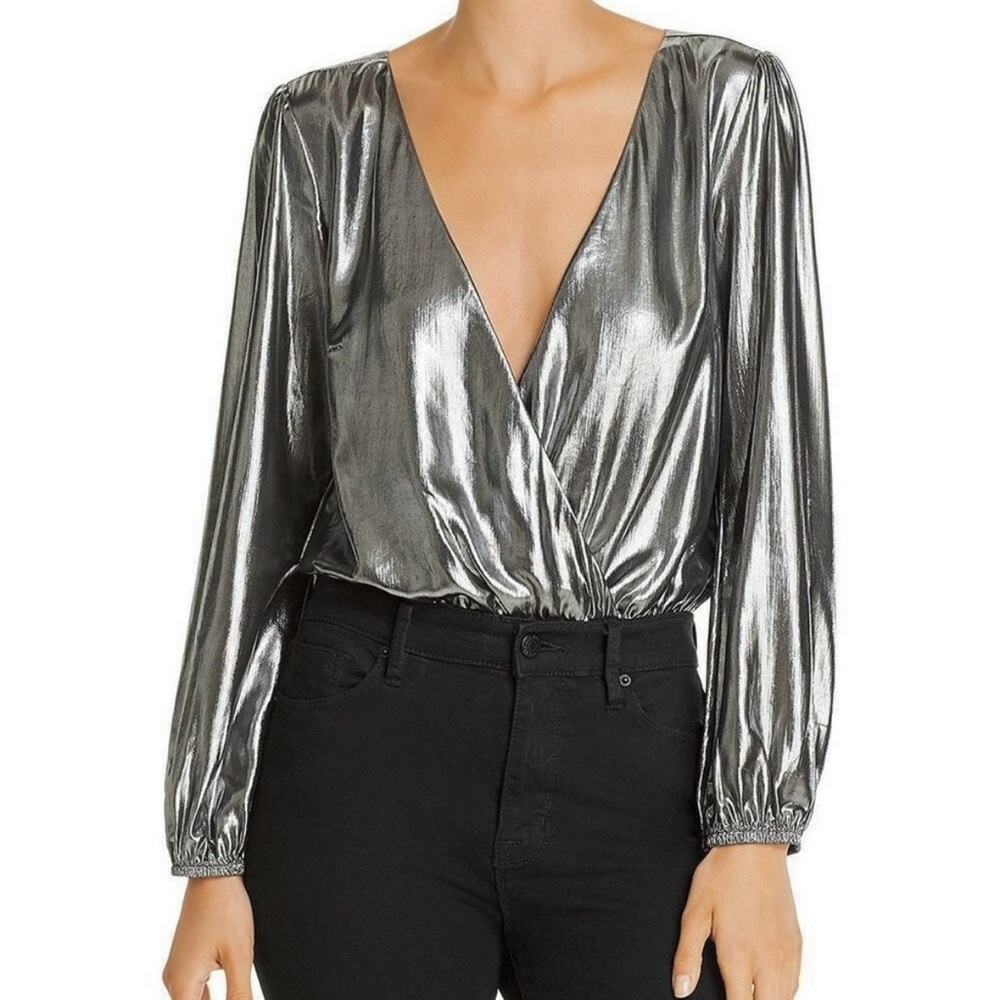 French Connection Silver Metallic Bodysuit Top NWT Women’s 6 Wrap V-neck